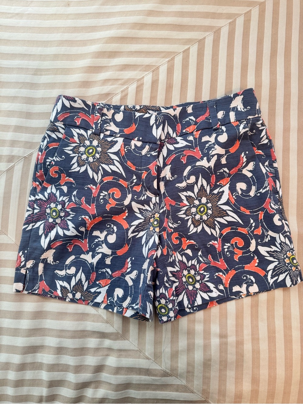 LOFT Navy Floral-Scroll Cotton Shorts with Coral Accents